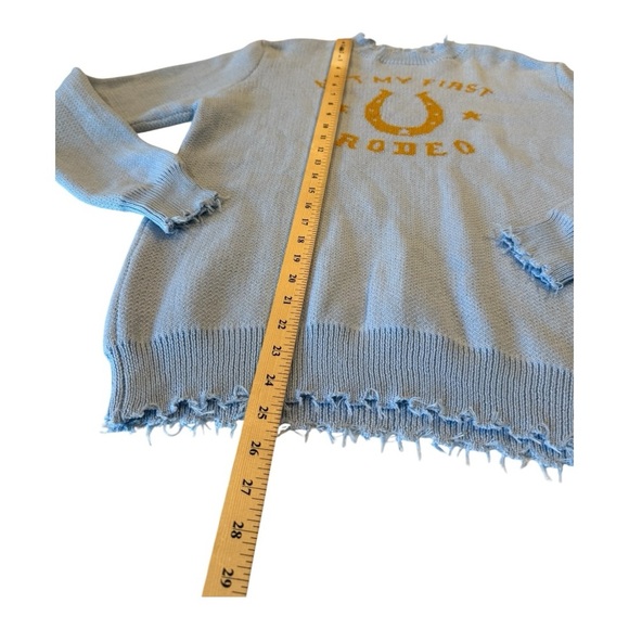 Miss Sparkling Not My First Rodeo Distressed  Sweater Blue Horseshoe Western - Picture 7 of 11